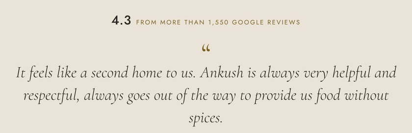 The hotel’s ‘Guest voices’: its Google rating, then one guest’s review in full, which ends ‘to provide us food without spices’.