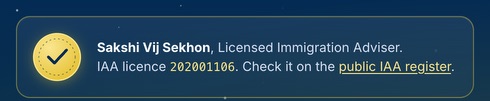 The licence line in the first screen of nzvisaimmigration.co.nz: Sakshi Vij Sekhon, Licensed Immigration Adviser. IAA licence 202001106. Check it on the public IAA register.