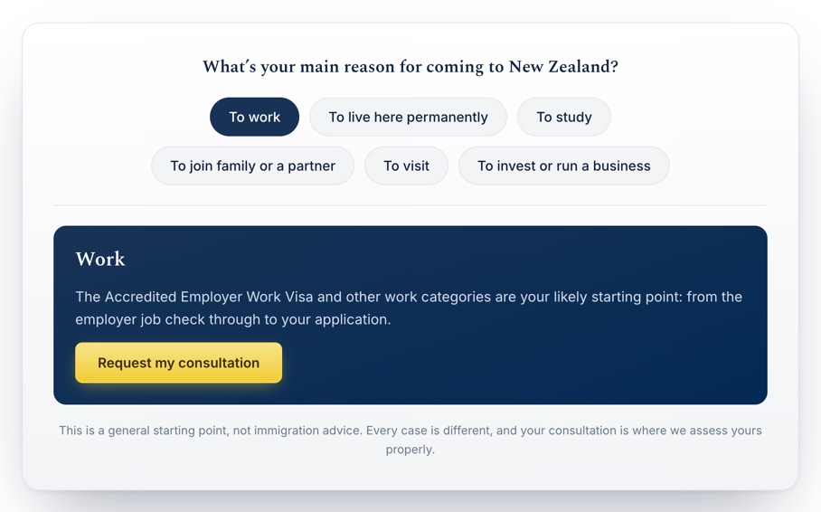 The path finder after choosing ‘To work’: it suggests the Accredited Employer Work Visa as the likely starting point, and underneath says ‘This is a general starting point, not immigration advice.’