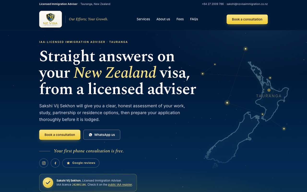NZ Visa Immigration Services’ home page on a laptop: ‘Straight answers on your New Zealand visa, from a licensed adviser’, with the adviser’s name and licence number near the top.